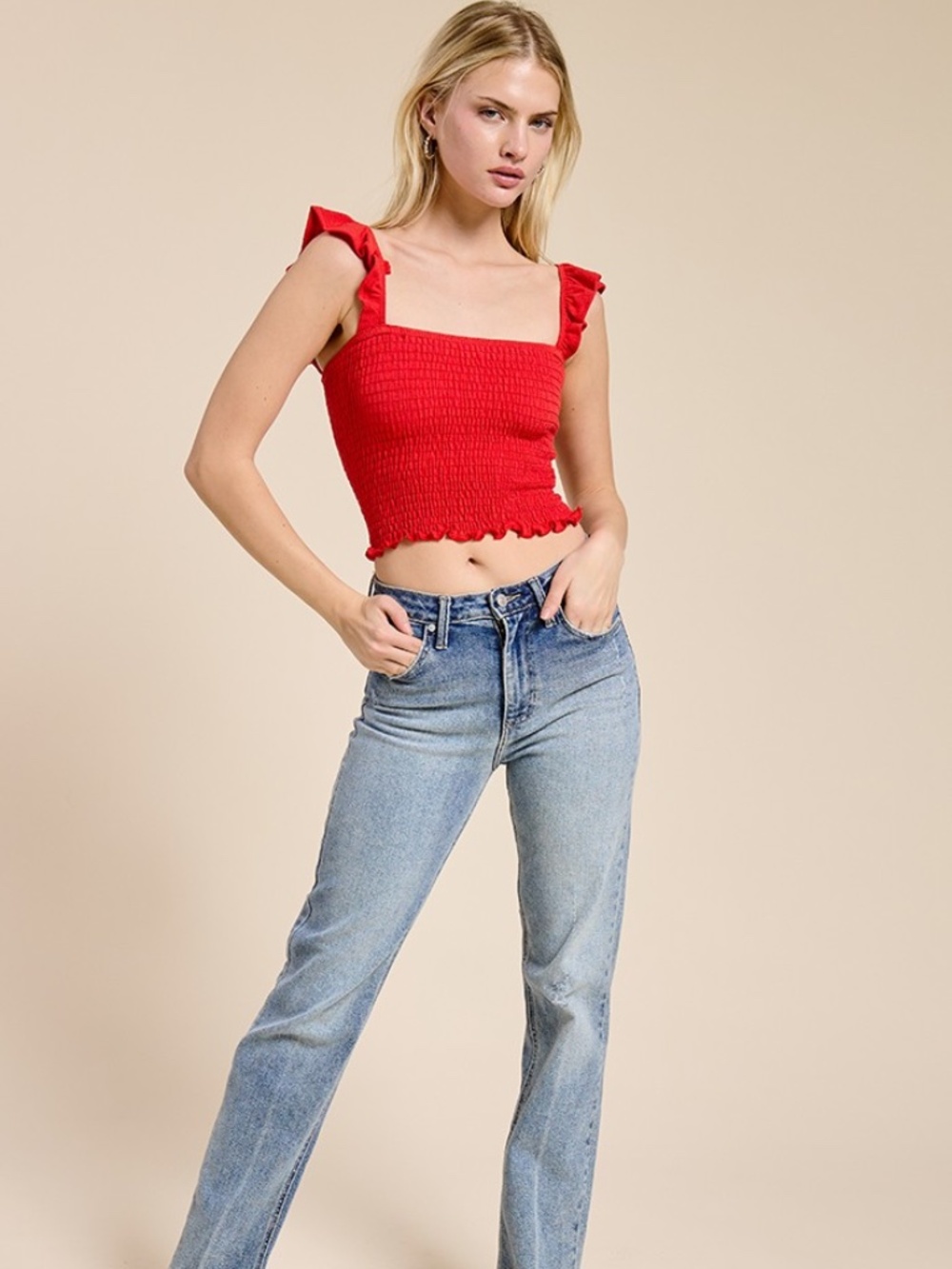 Smocked Ruffle Strap Crop Top – Red - Picture 3 of 4